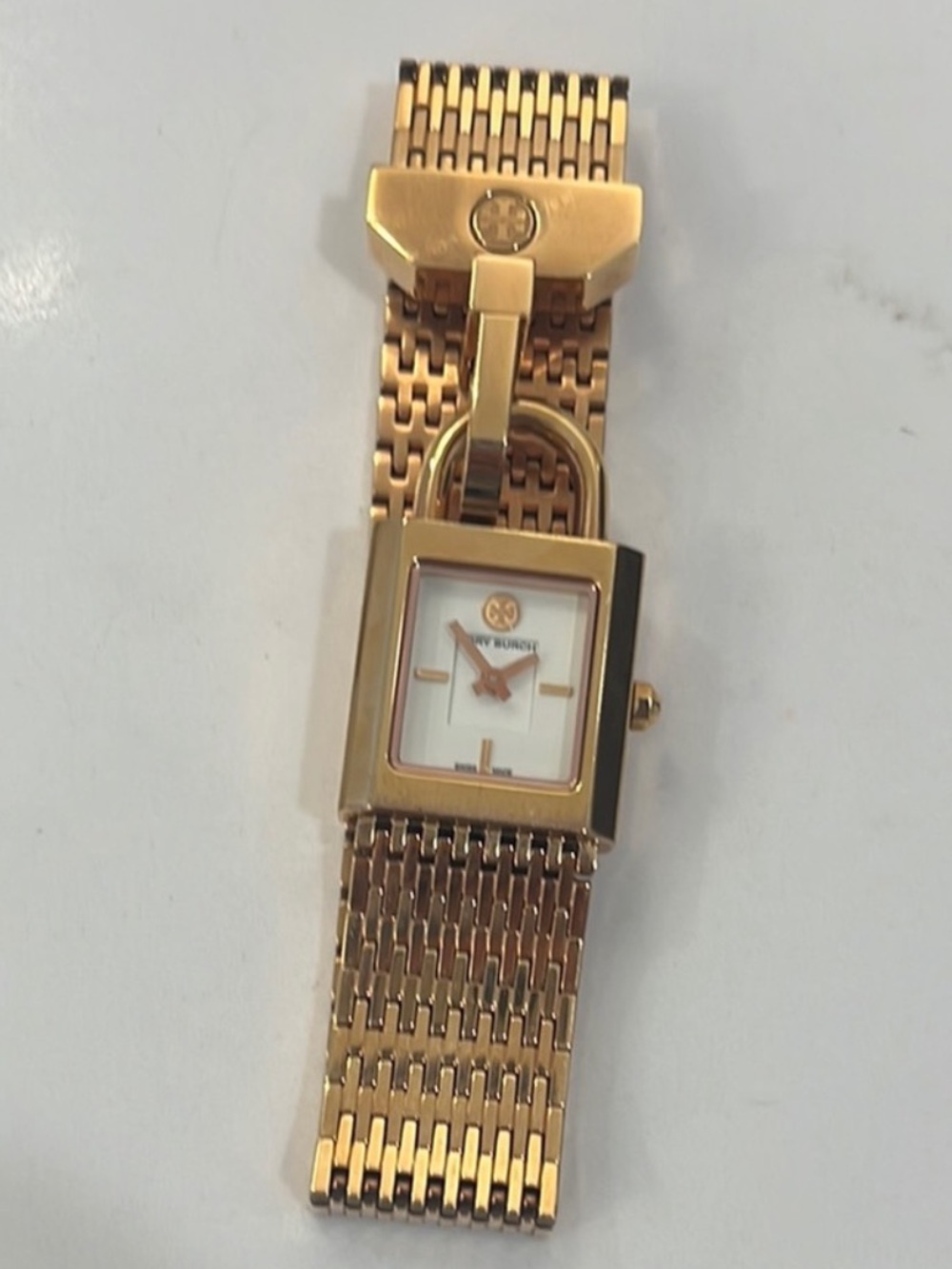 Tory Burch Gold Tone Link Bracelet Watch with White Dial